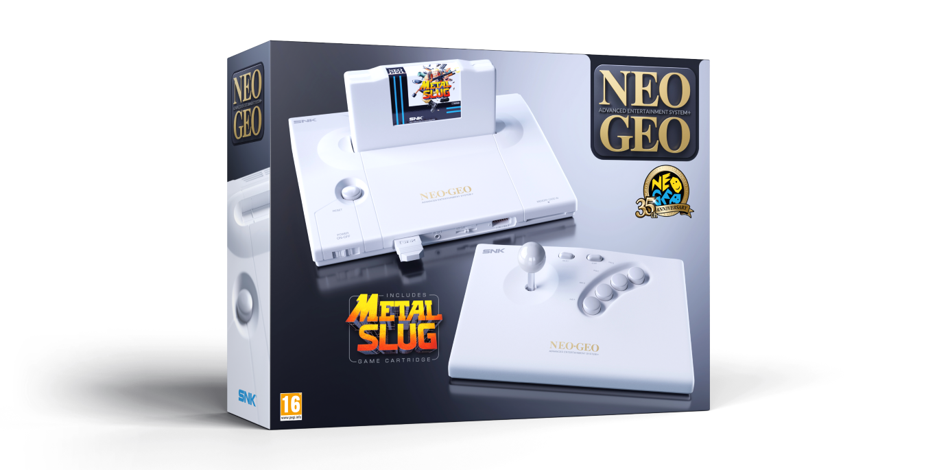Biała konsola Neo Geo z joystickiem i grą Metal Slug, 35. rocznica.