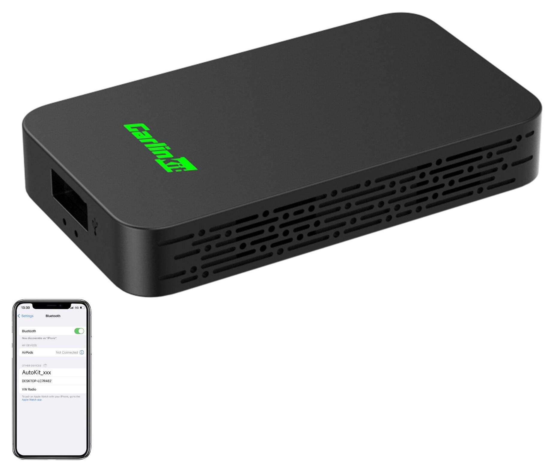 Czarny adapter Carlinkit z otworami wentylacyjnymi i ekranem iPhone'a.