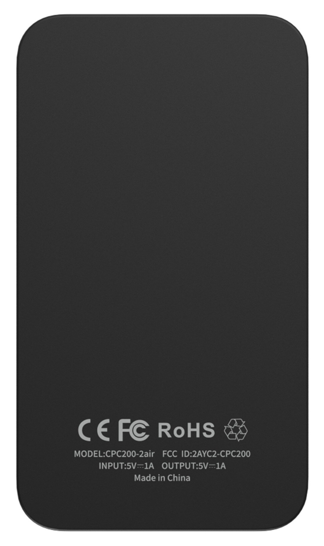 Czarny prostokątny przedmiot z zaokrąglonymi rogami, z logo CE, FC i RoHS.