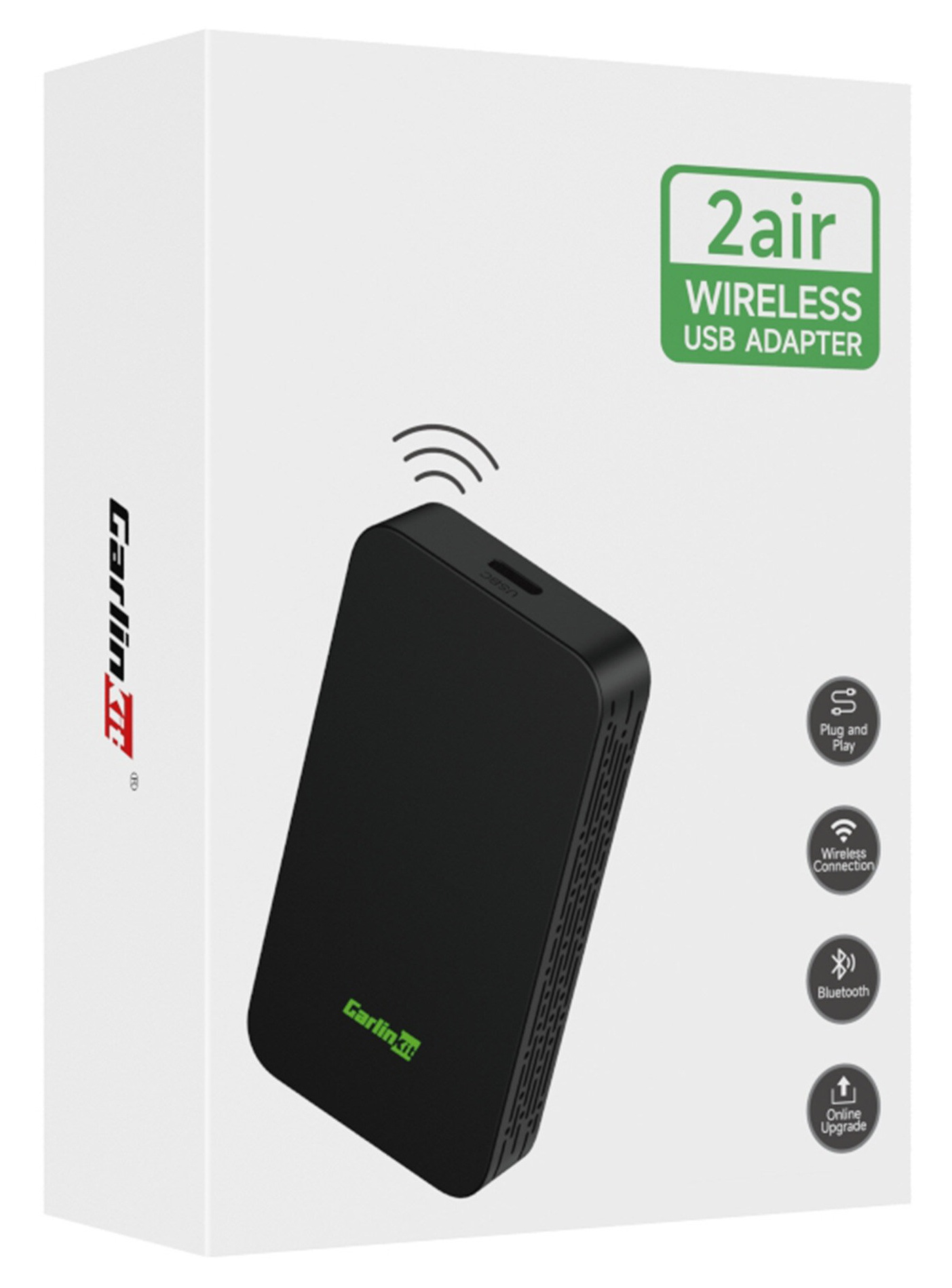 Opakowanie pudełkowe z czarnym adapterem USB, logo '2air WIRELESS USB ADAPTER'.