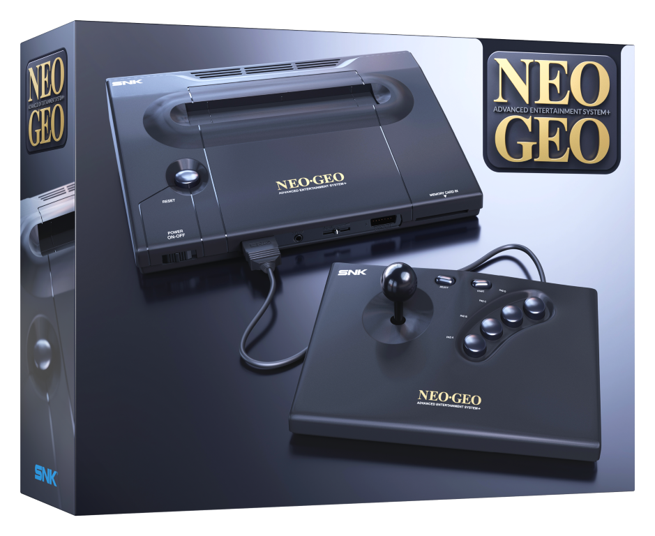 Czarna konsola i joystick Neo Geo z logo "Neo Geo" na ciemnej, lustrzanej powierzchni.