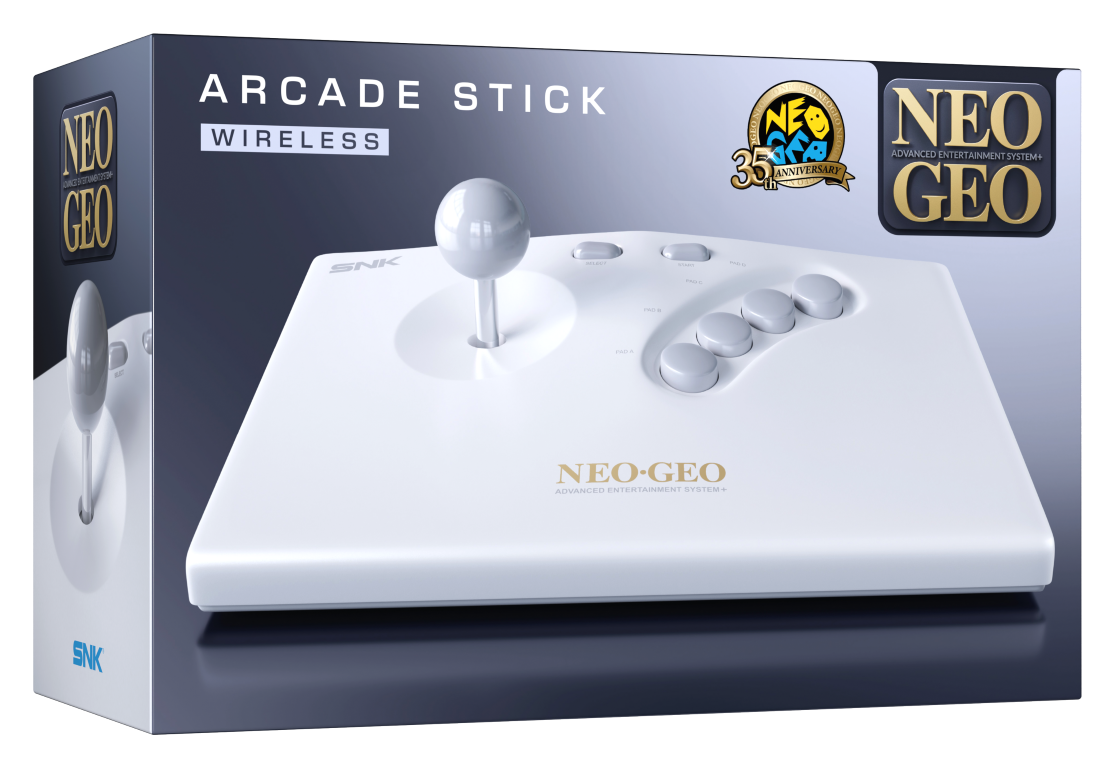 Białe opakowanie drążka arcade Neo Geo z joystickiem i przyciskami. Logo 35-lecia.