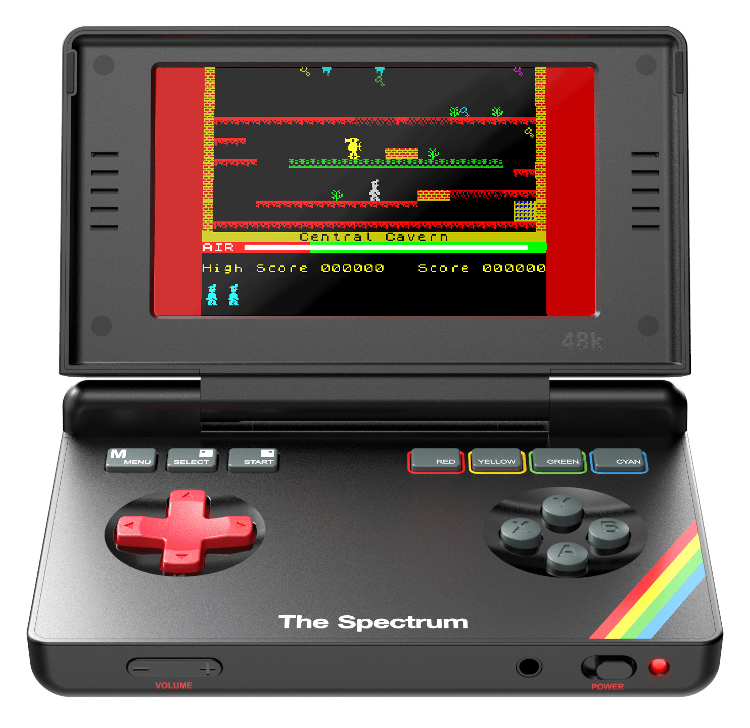Czarny przenośny gadżet do gier retro z grą na ekranie.