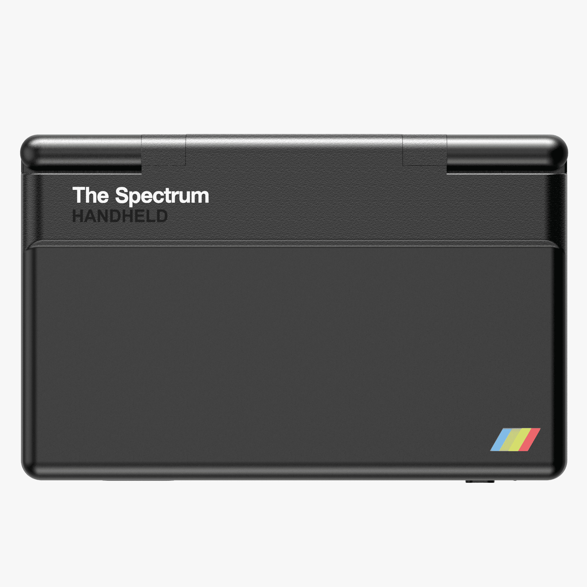 Czarno-prostokątne urządzenie z napisem "The Spectrum HANDHELD" i kolorowym paskiem.