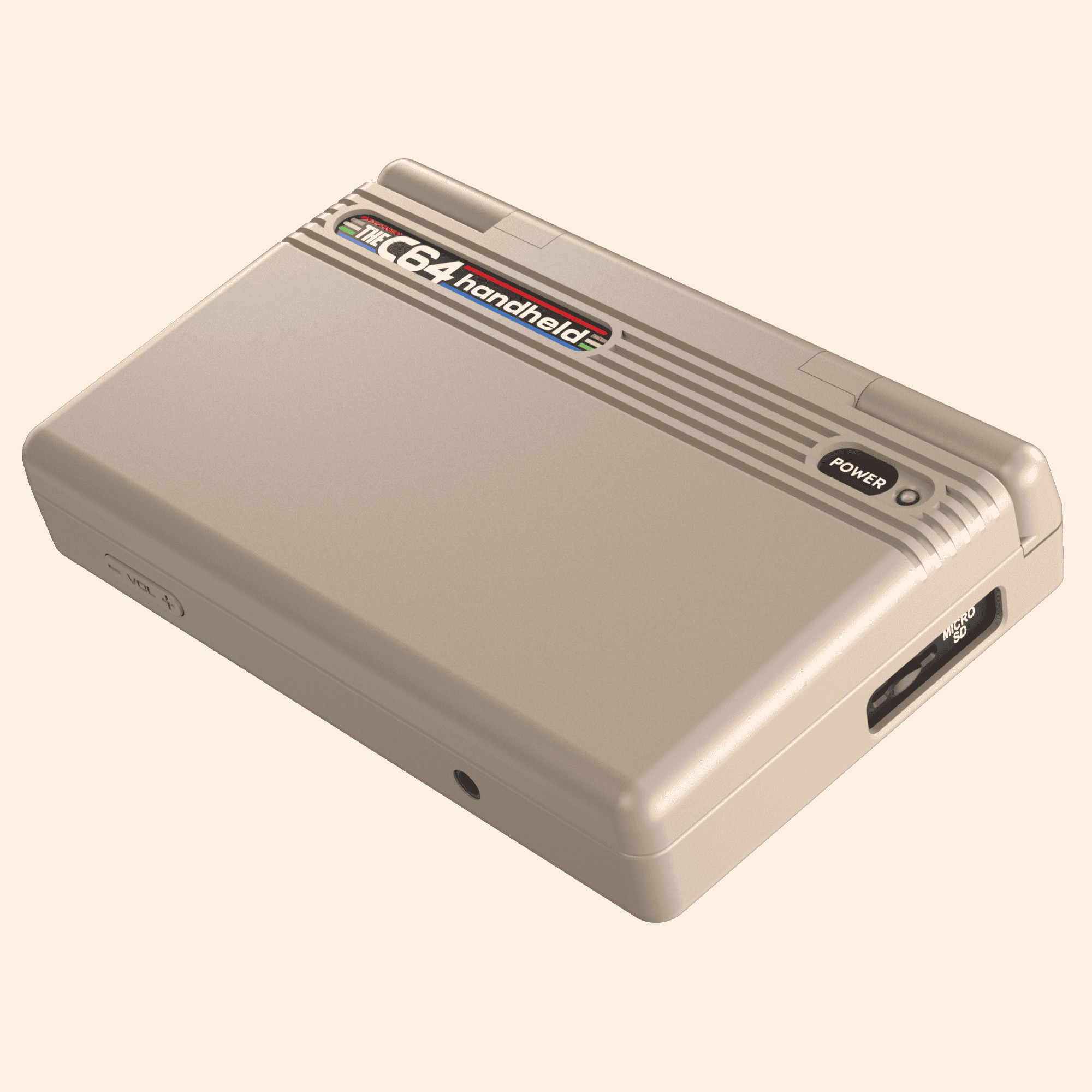 Beżowe urządzenie przenośne C64 z przyciskiem zasilania i gniazdem micro SD.