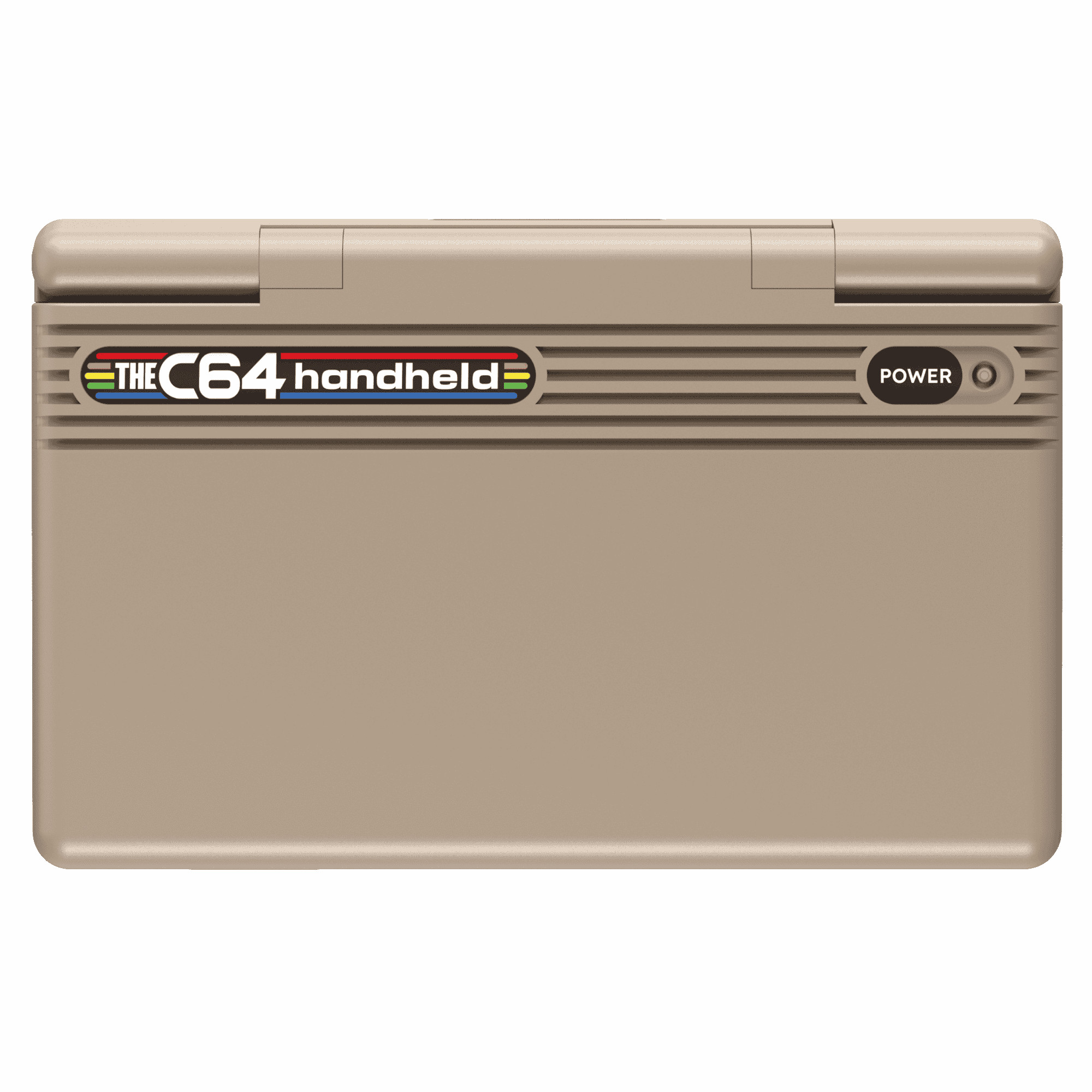 Beżowe urządzenie przenośne C64 z przyciskiem POWER i otworami.
