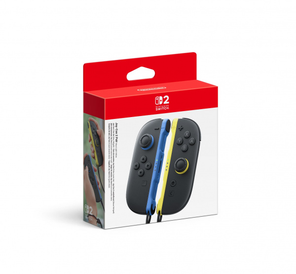 Pudełko na kontrolery Nintendo Switch Joy-Con w kolorze niebieskim, żółtym i szarym.