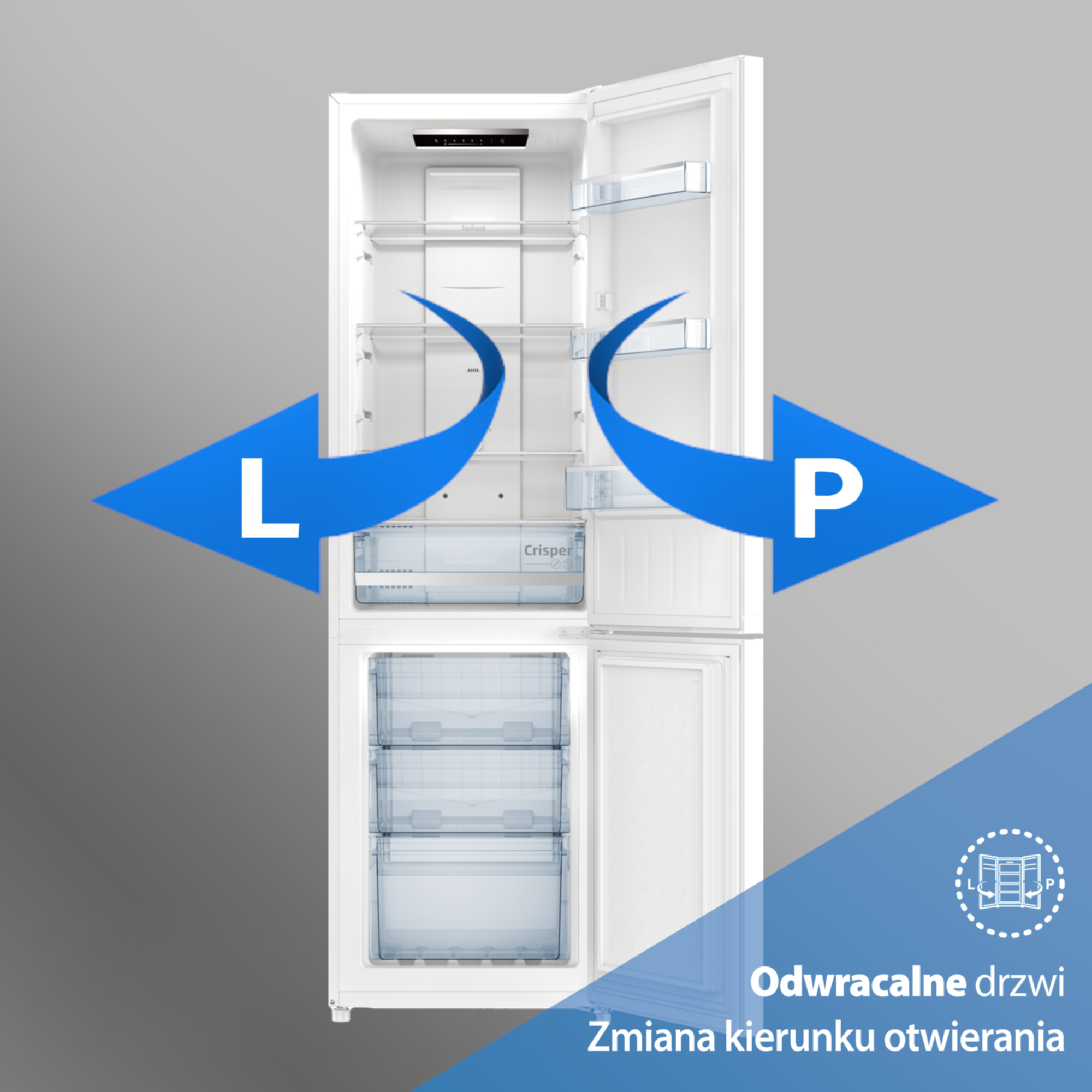 Biała lodówka z otwartymi drzwiami, strzałki wskazujące otwarcie w lewo/prawo.
