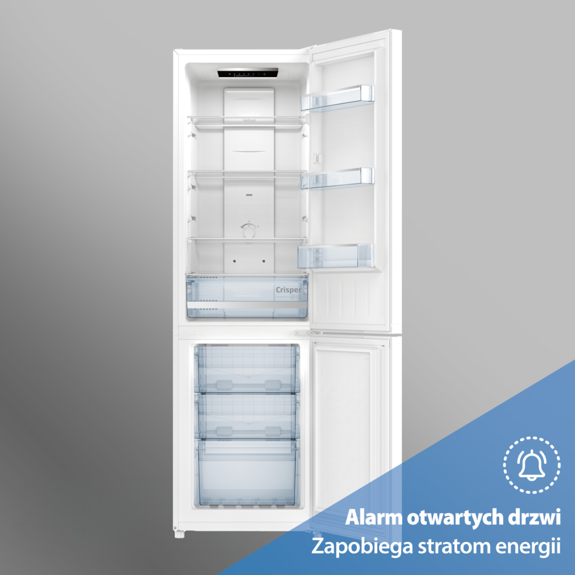 Otwarta biała lodówka z szklanymi półkami i szufladami. Drzwi są uchylone.