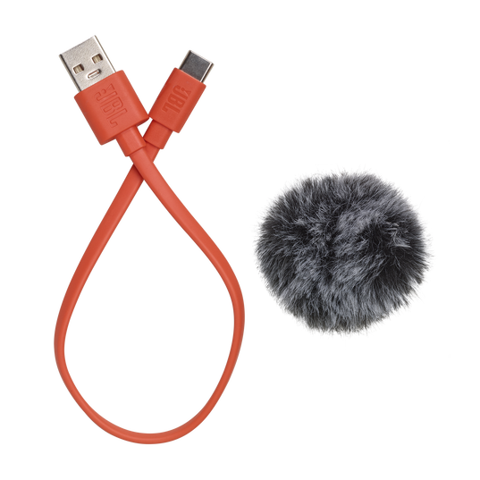 Czerwony kabel JBL ze złączami USB-A i USB-C obok szarej, futrzanej kulki.