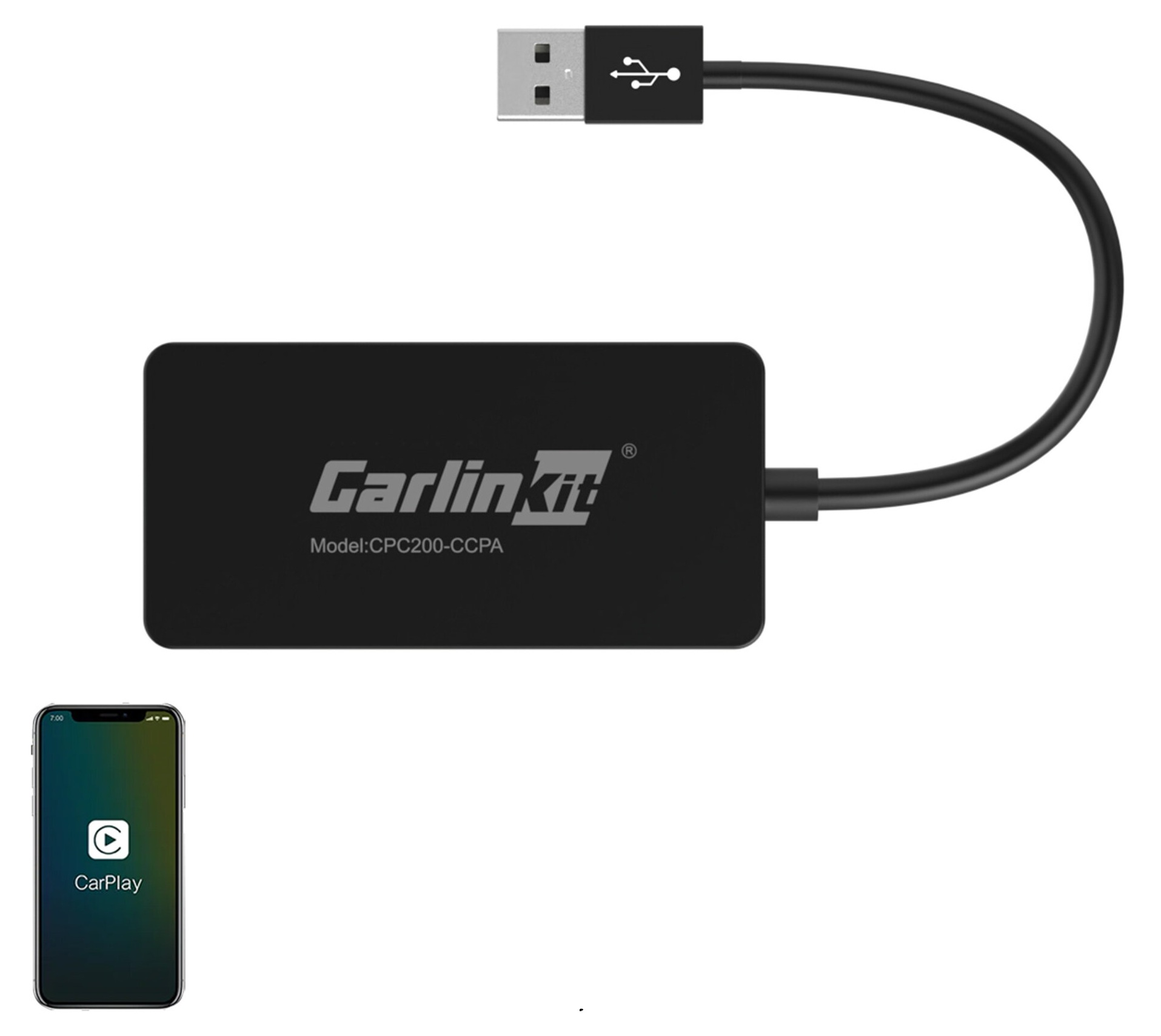Czarny adapter Carlinkit z kablem USB i iPhone'em pokazującym ikonę CarPlay.