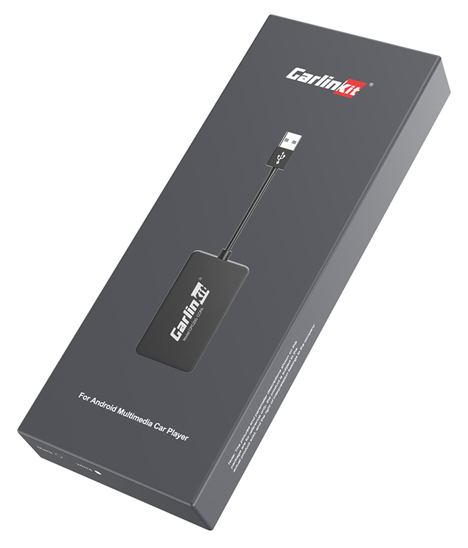Szare pudełko z logo Carlinkit i adapterem USB do samochodowego odtwarzacza multimedialnego Android.