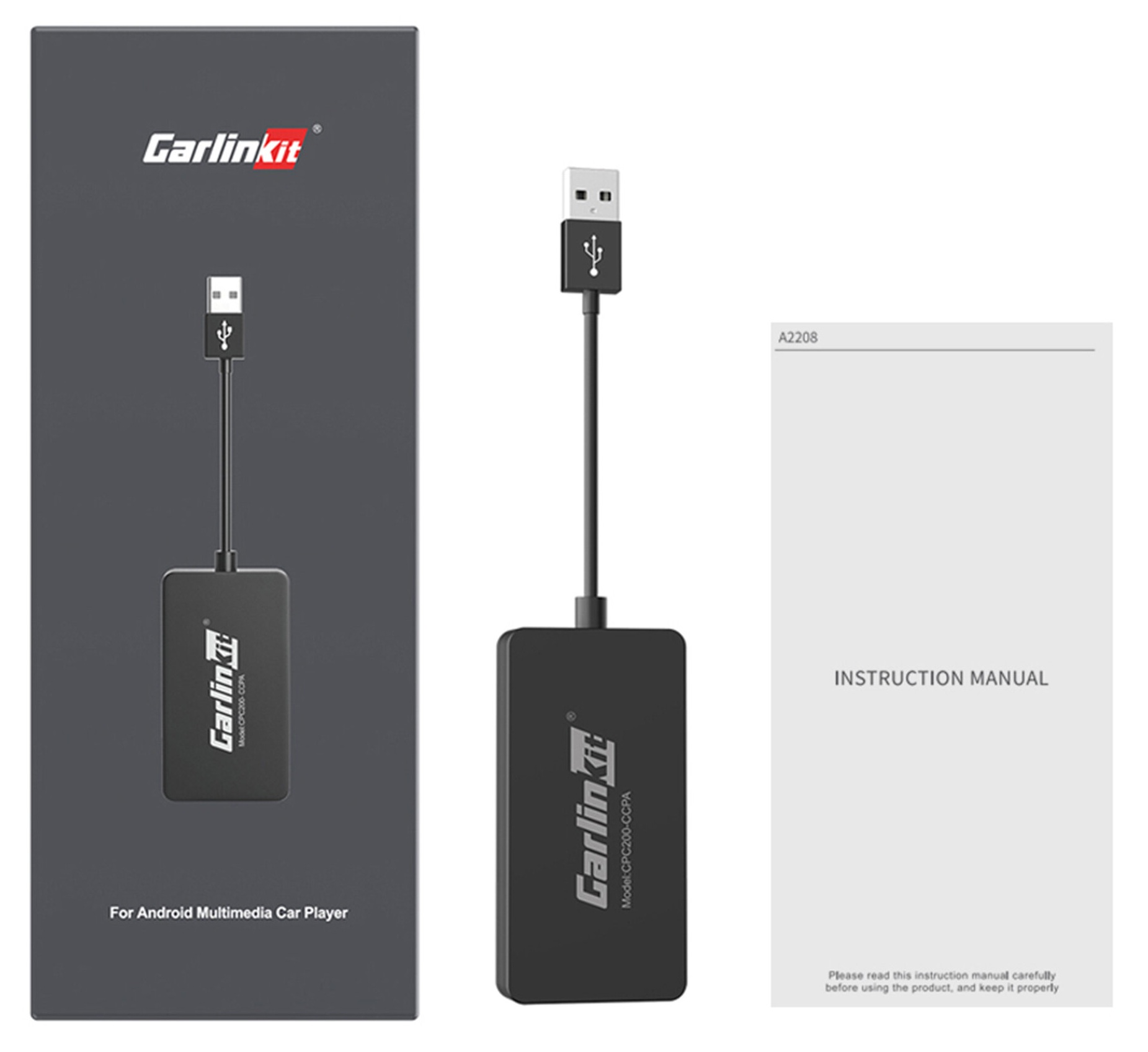Czarne urządzenie Carlinkit z kablem USB i instrukcją obsługi.