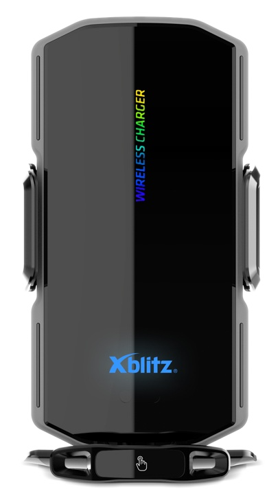 Czarna ładowarka bezprzewodowa z logo Xblitz i kolorowym napisem.