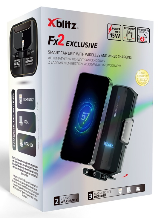 Xblitz Fx2 Exclusive: Uchwyt samochodowy z ładowaniem, ze smartfonem.