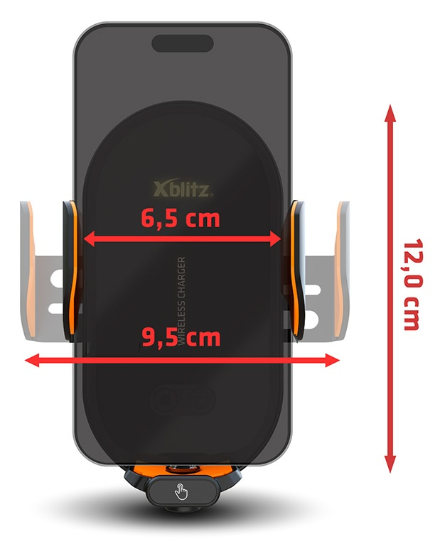 Czarny uchwyt na telefon z pomarańczowymi akcentami, pokazujący wymiary 6,5 cm i 9,5 cm.
