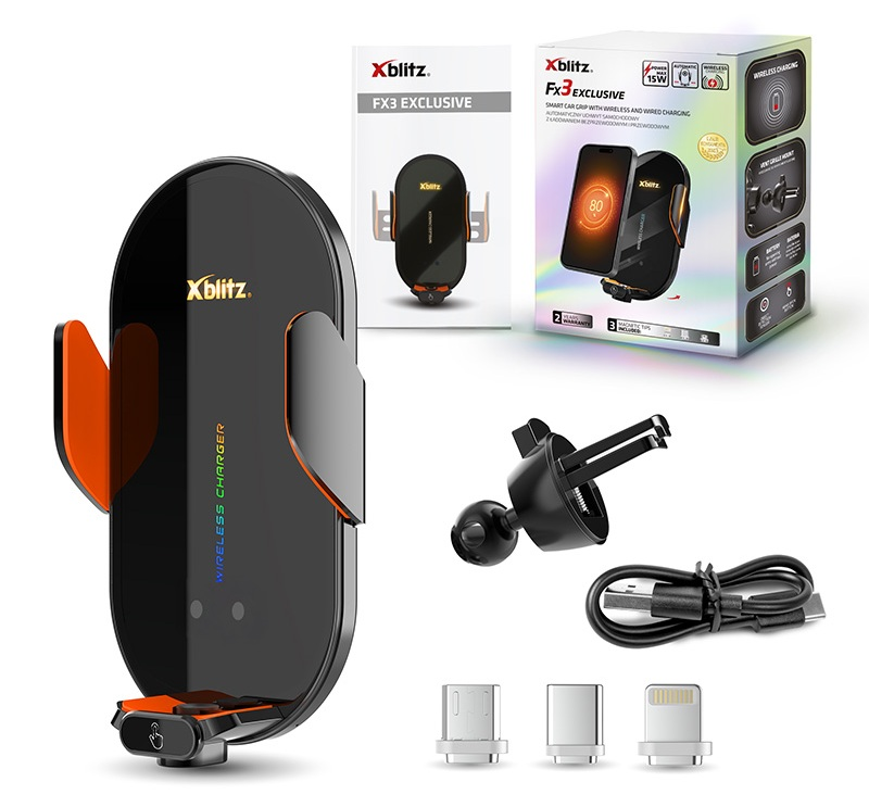 Xblitz FX3 Exclusive inteligentny uchwyt samochodowy z ładowaniem bezprzewodowym, akcesoria.