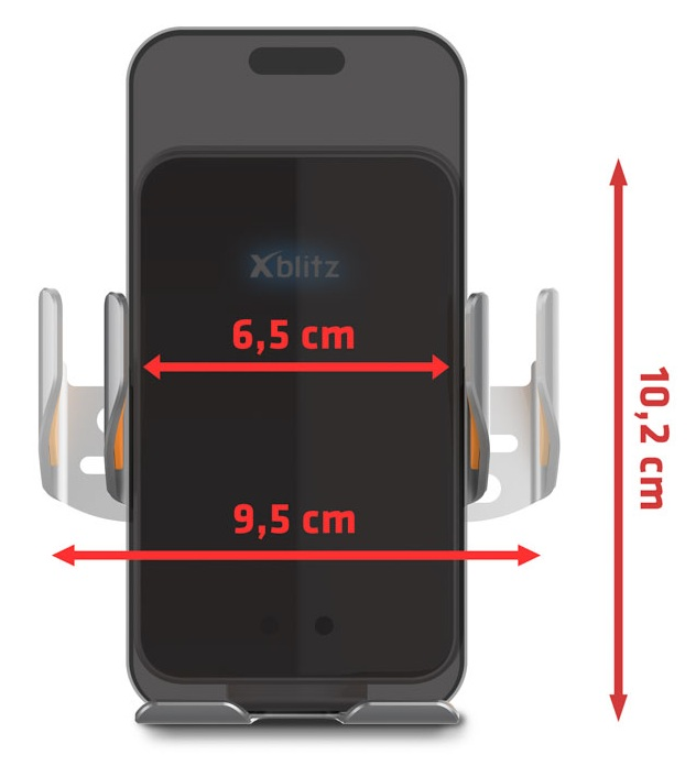 Uchwyt na smartfona o wymiarach: 6,5 cm szerokości, 9,5 cm wysokości, 10,2 cm długości.