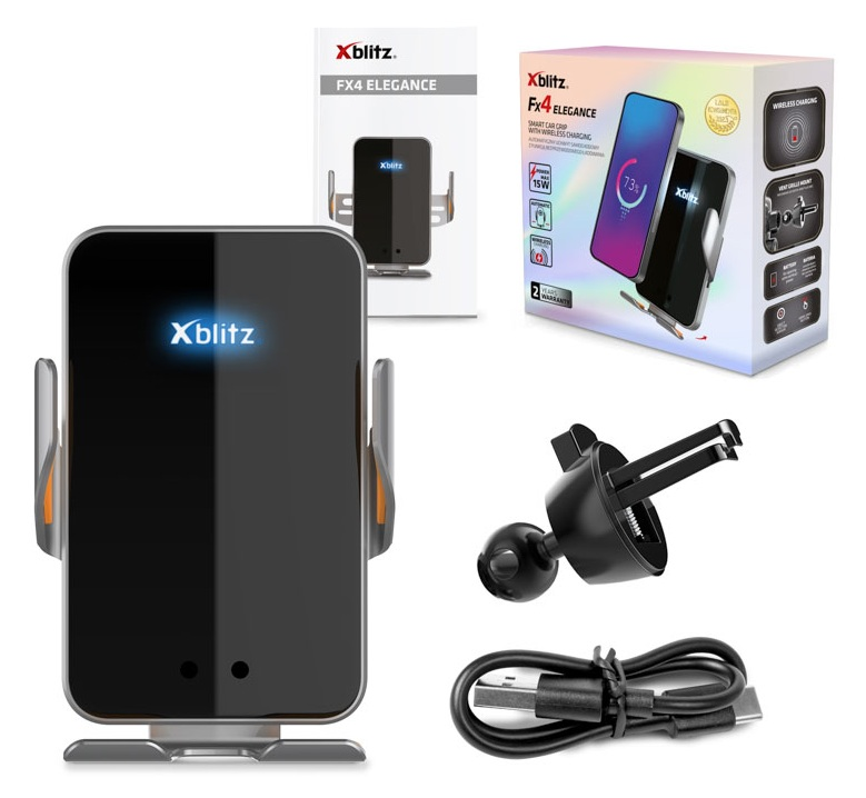 Ładowarka samochodowa Xblitz FX4 Elegance z telefonem i akcesoriami na białym tle.