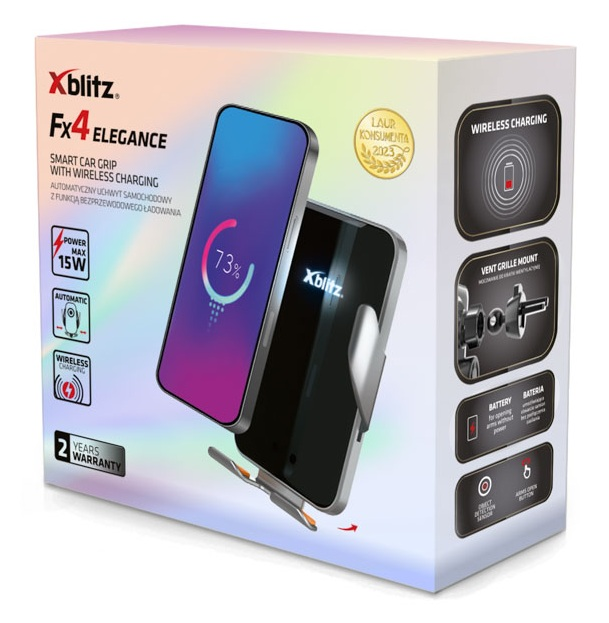 Opakowanie inteligentnego uchwytu samochodowego Xblitz Fx4 Elegance z ładowaniem bezprzewodowym.