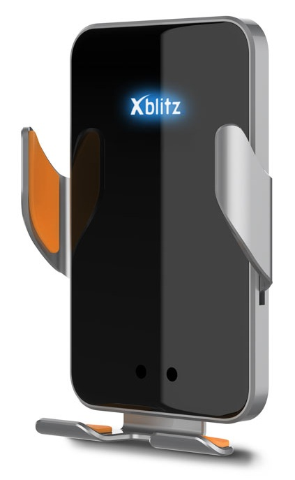 Czarny uchwyt na telefon ze srebrnymi i pomarańczowymi akcentami i podświetlanym logo.