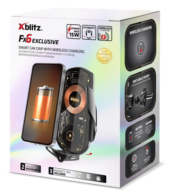 Opakowanie uchwytu samochodowego Xblitz Fx6 z ładowaniem bezprzewodowym.