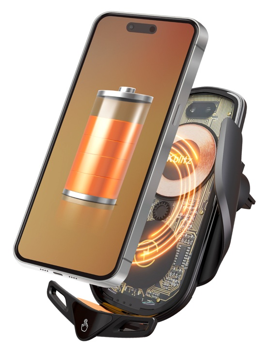 Smartfon ładuje się bezprzewodowo na uchwycie. Na ekranie ikona baterii.