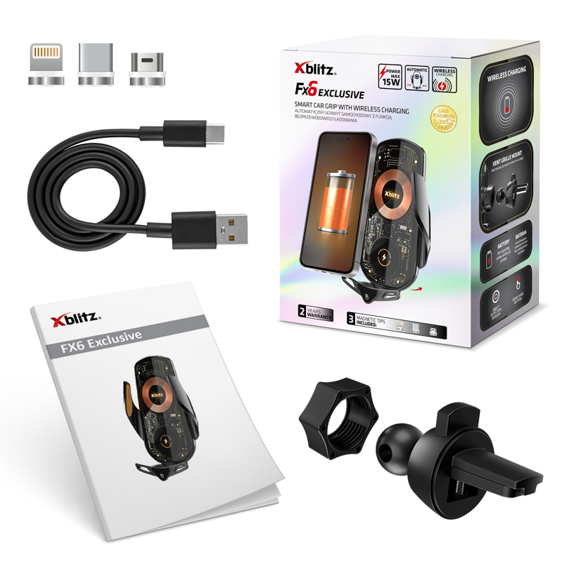 Zdjęcie produktu: Uchwyt samochodowy Xblitz FX6 Exclusive z kablem ładowania, instrukcją i akcesoriami.