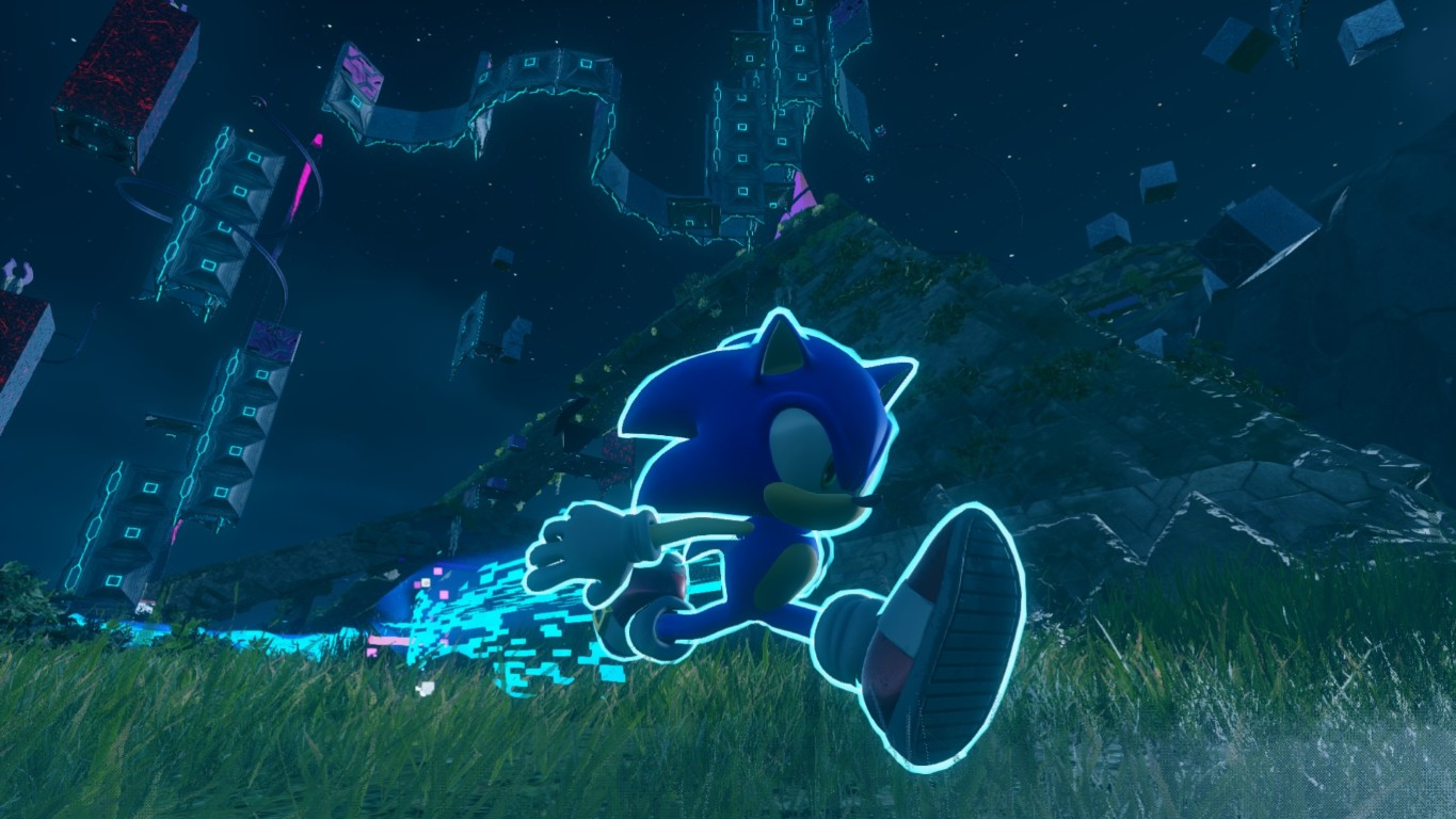Sonic the Hedgehog biegnie przez futurystyczny krajobraz ze świecącymi platformami i gwiaździstym niebem.