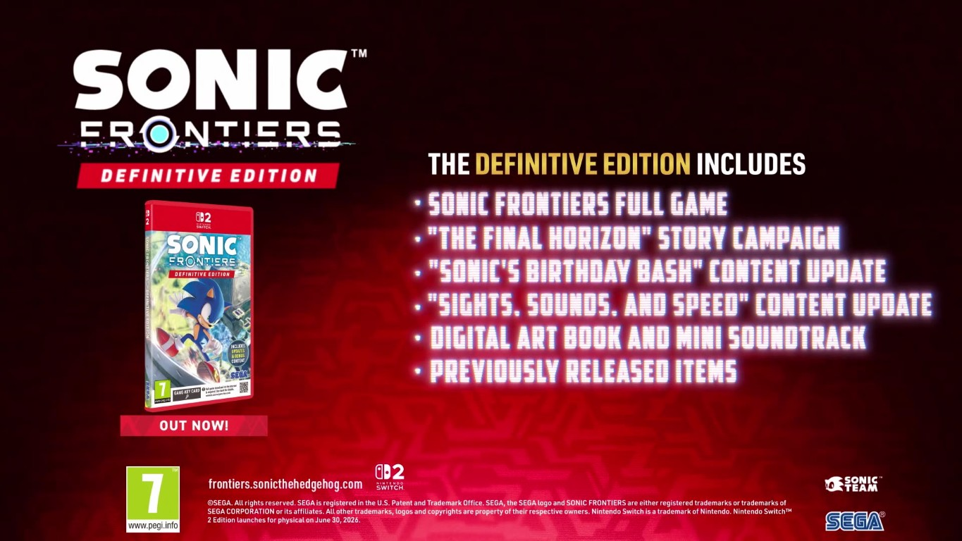 Pudełko gry Sonic Frontiers Definitive Edition, lista zawartości i logo.