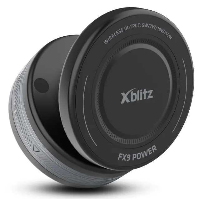 Czarna, okrągła ładowarka bezprzewodowa Xblitz z FX9 POWER.