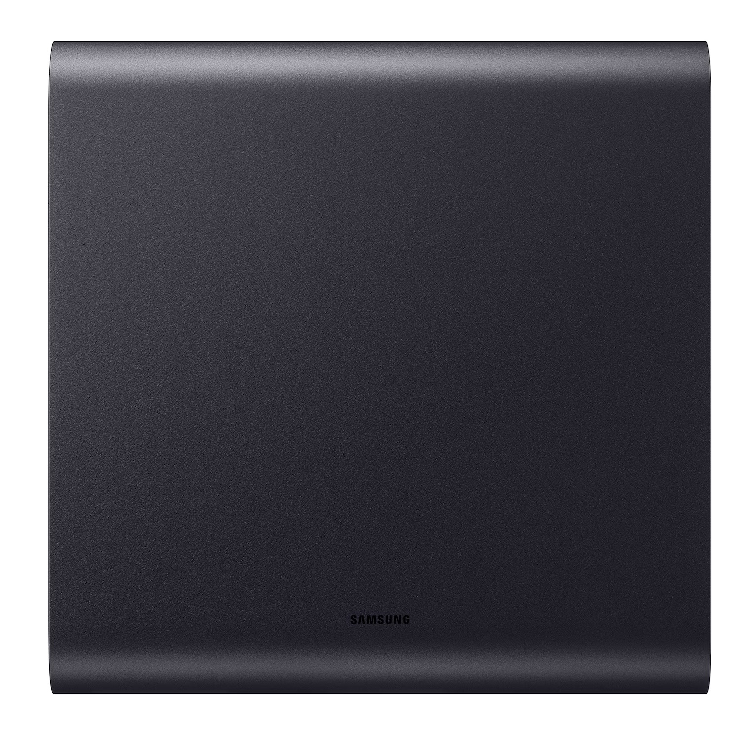 Ciemnoszary subwoofer Samsung z zakrzywionymi krawędziami i matowym wykończeniem.