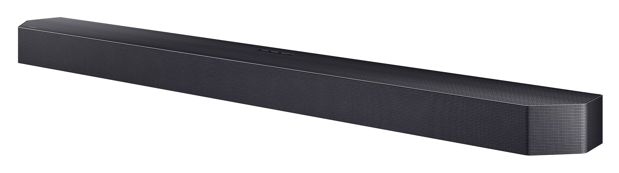 Elegancki, ciemny soundbar z perforowanym przodem i przyciskami na górze.