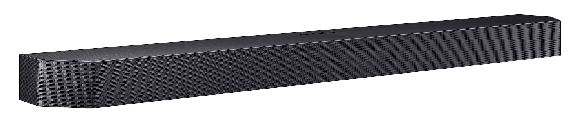 Czarny, prostokątny głośnik soundbar z perforowaną przednią maskownicą.