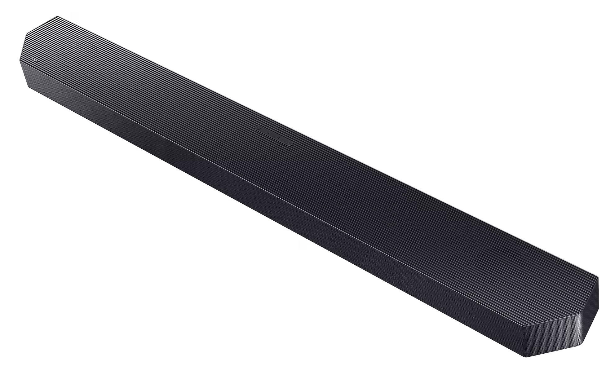 Smukły, ciemny soundbar z prążkowaną powierzchnią.