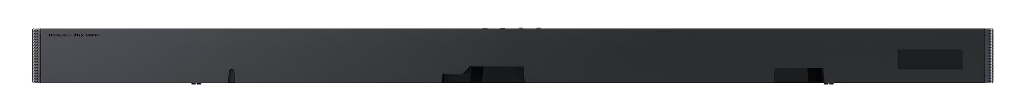 Czarny, prostokątny głośnik soundbar z logo Dolby Atmos, dts:X i HDMI.