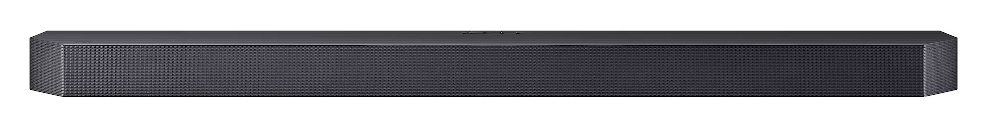 Ciemny, prostokątny soundbar z drobno rowkowanym panelem przednim.