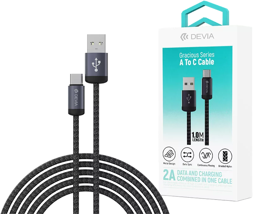 DEVIA Gracious Series USB-A USB-C adat és töltőkábel, 10W, 1m, fekete (ST108011)