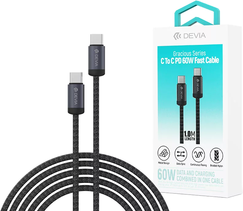 DEVIA Gracious Series USB-C adat és töltőkábel, PD 60W, 1m, fekete (ST107885)