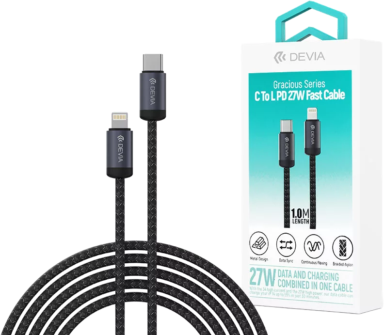 DEVIA Gracious Series USB-C Lightning adat és töltőkábel, PD 27W, 1m, fekete (ST101722)