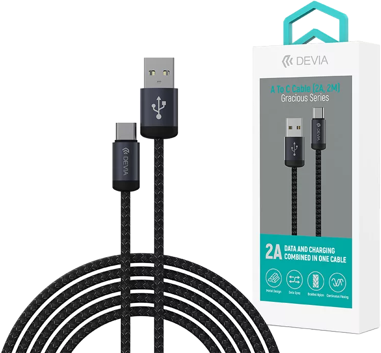 DEVIA Gracious Series USB-A USB-C adat és töltőkábel, 10W, 2m, fekete (ST108028)
