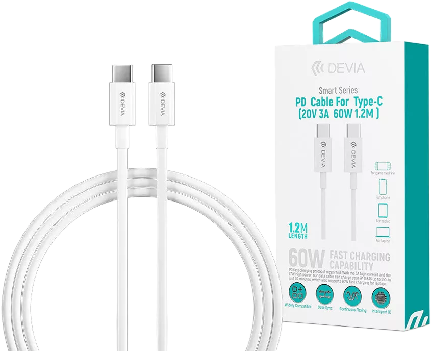 DEVIA Smart Series USB-C adat és töltőkábel, PD 60W, 1,2m, fehér (ST325380)