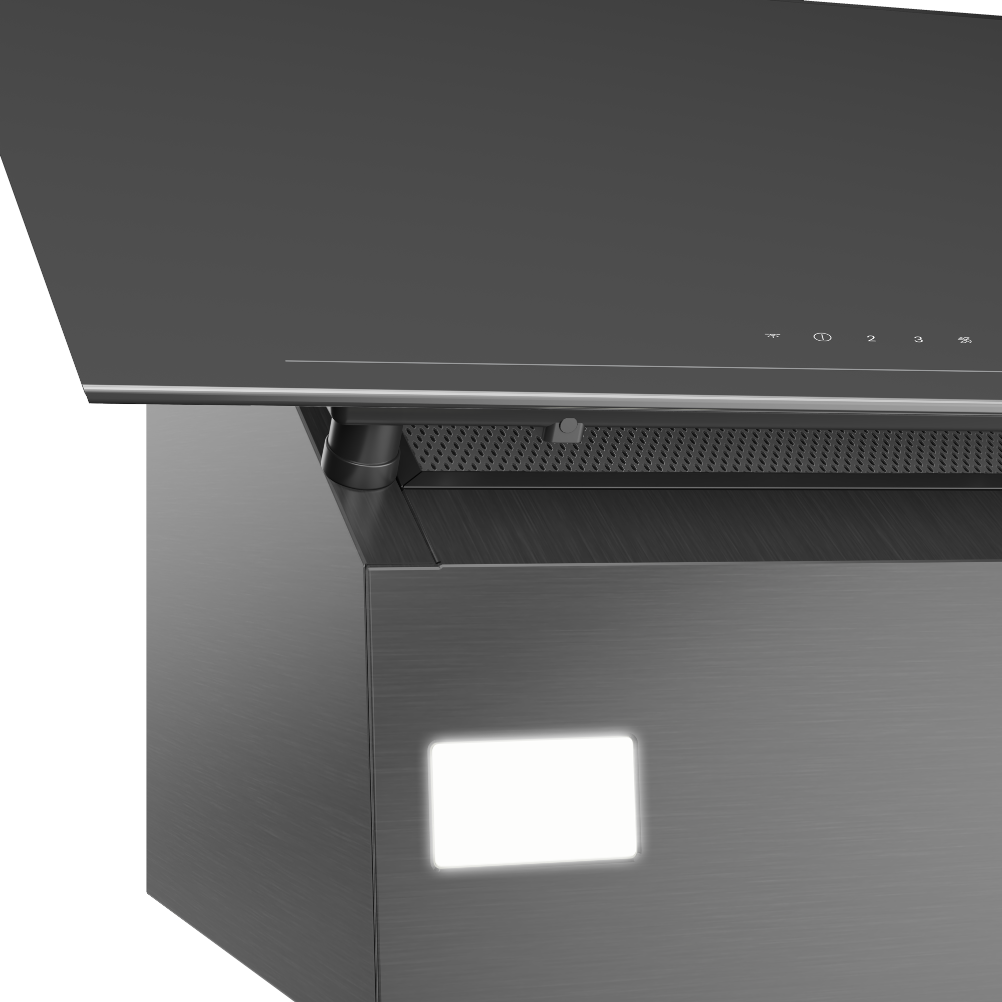 Kontrol panelli ve ışıklı fırçalanmış metal davlumbaz.