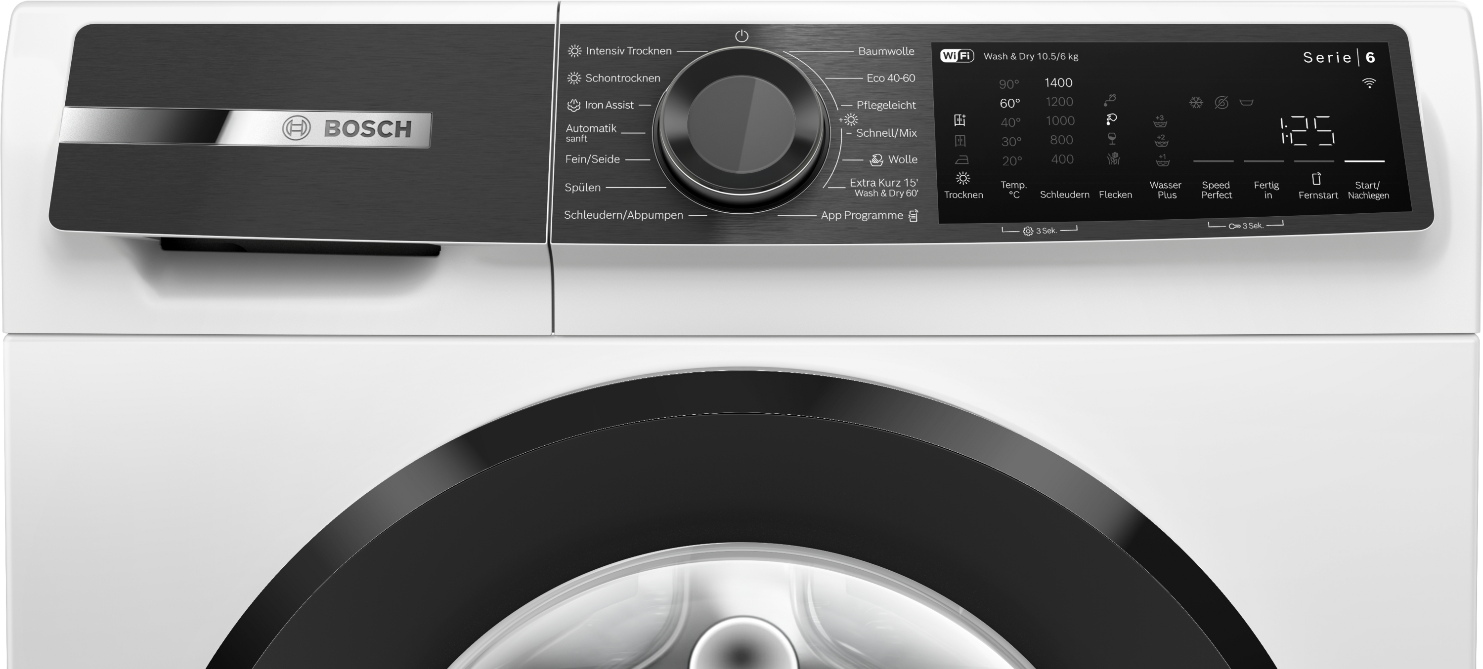 Bedienfeld einer weißen Bosch Waschmaschine mit schwarzem Display und Drehknopf.