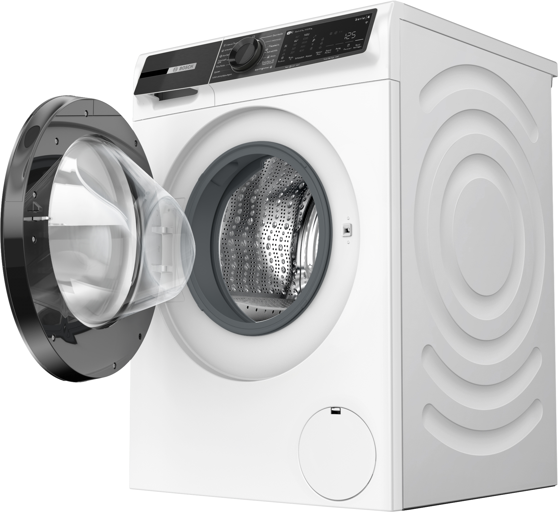 Weiße Bosch Waschmaschine mit geöffneter Tür und sichtbarer Trommel.