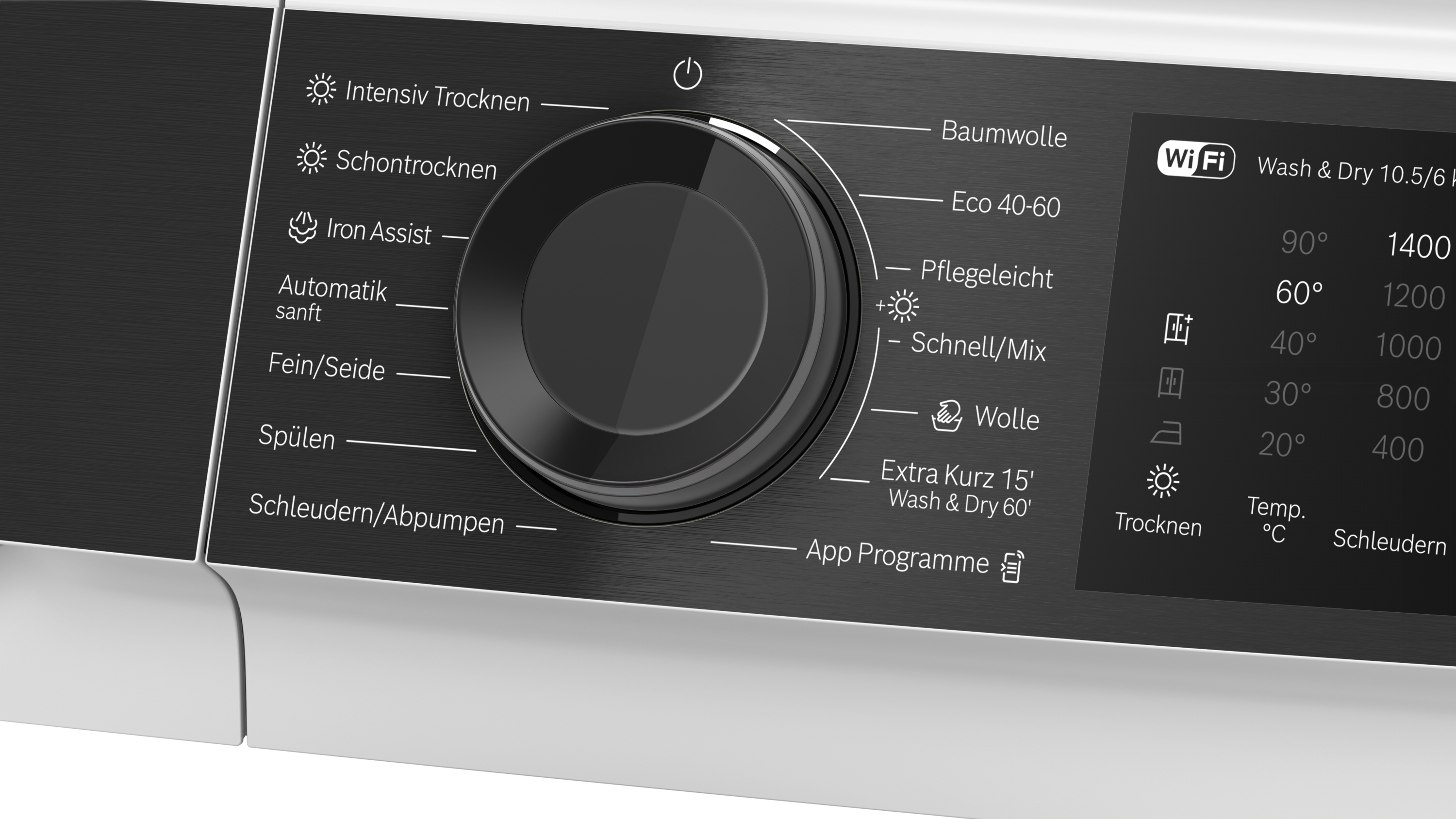 Nahaufnahme eines Waschmaschinen-Bedienfelds mit Programmauswahl und Temperaturregler.