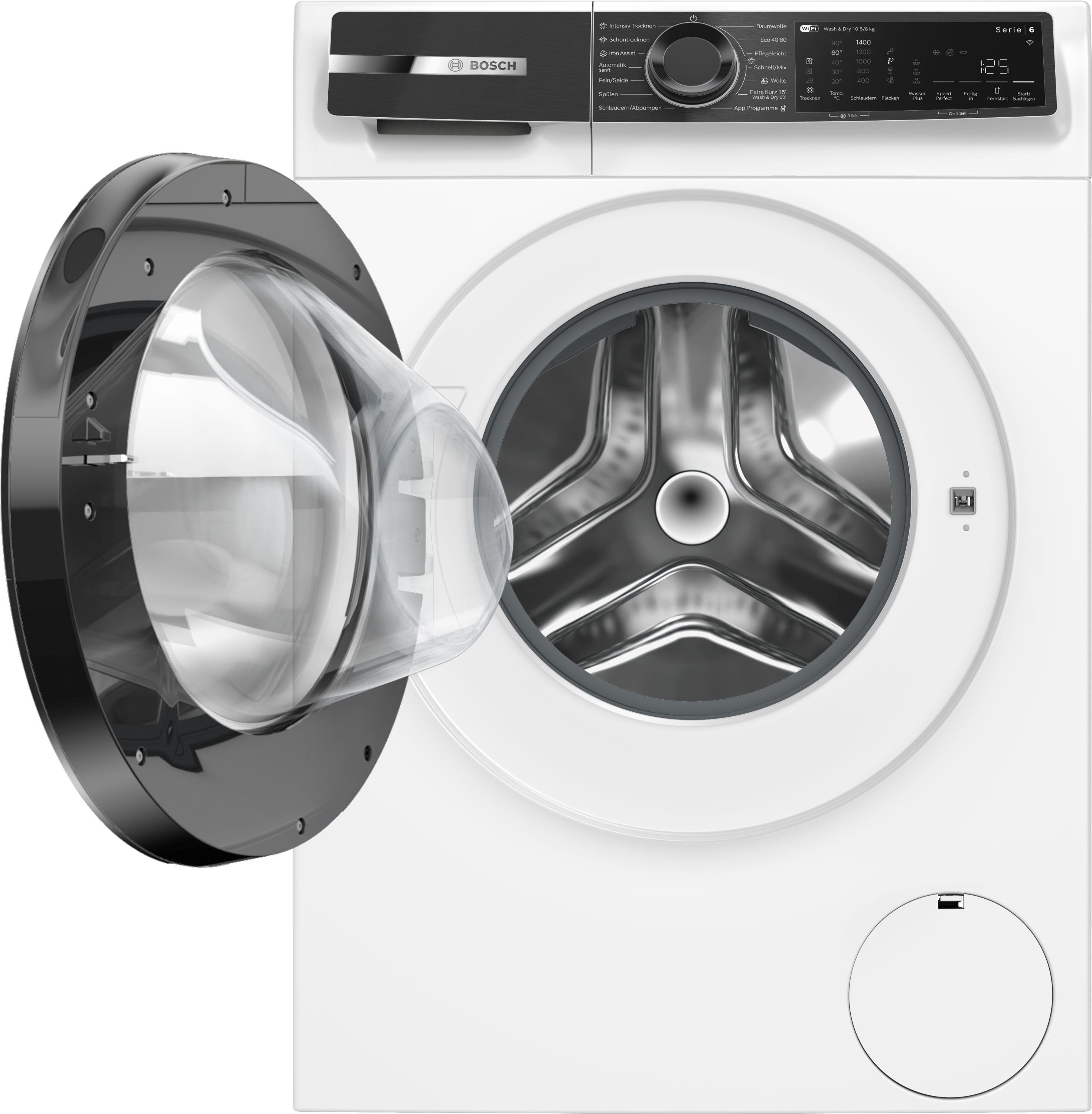 Eine weiße Bosch Waschmaschine mit geöffneter Tür und Bedienfeld.