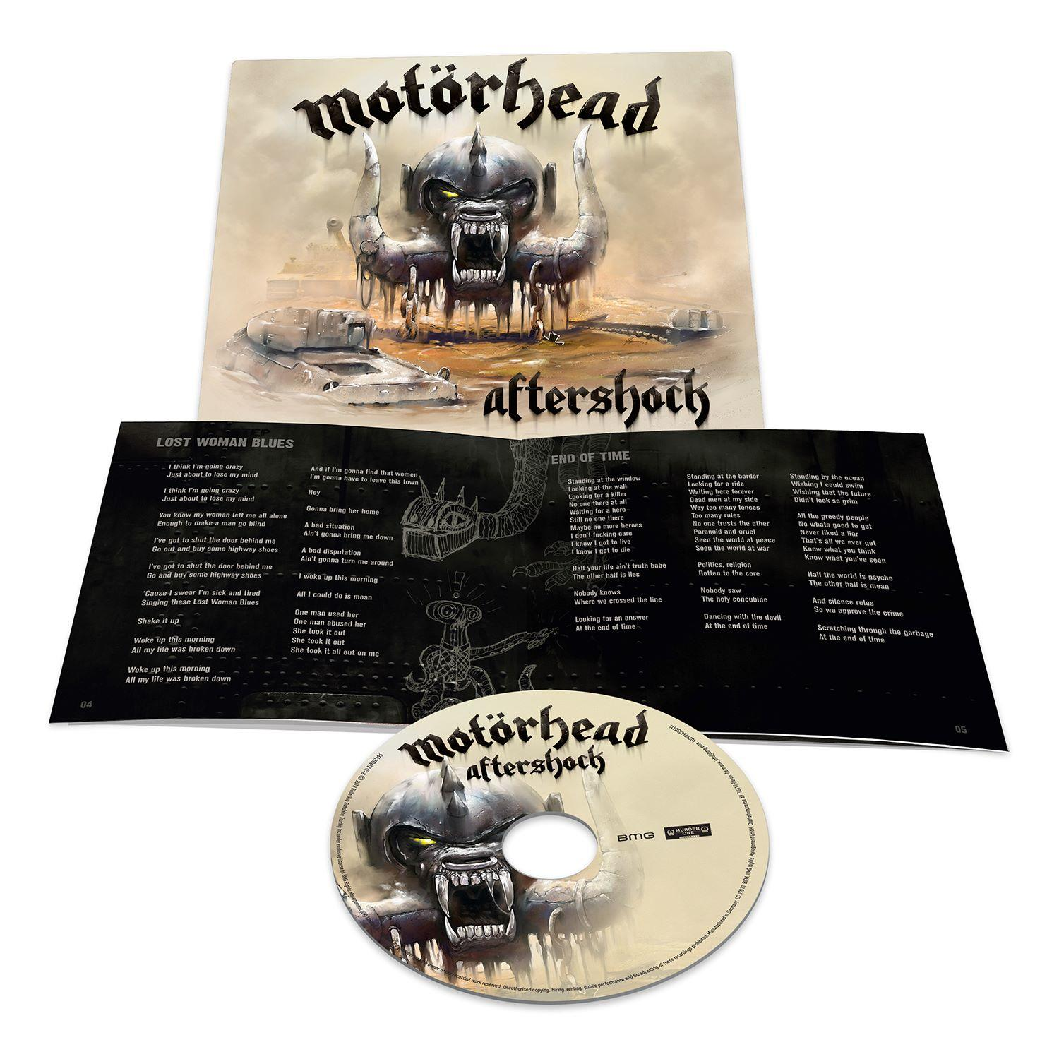 Motörhead Album-Cover mit einem Monster und Songtexten, daneben eine CD.