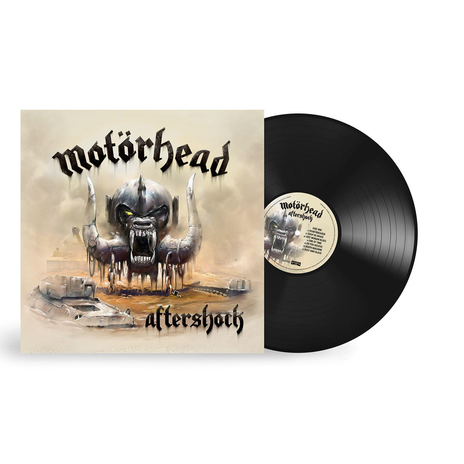 Motörhead 'Aftershock' LP-Cover mit einem Monsterkopf und Panzern, daneben die Schallplatte.