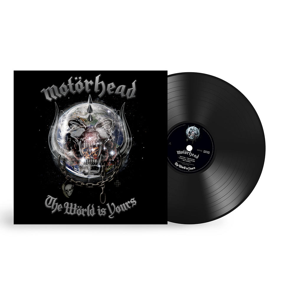 Motörhead Vinyl-Cover und Schallplatte mit Totenkopf-Erden-Design.